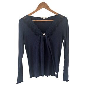 Odd Molly Lace Trim Top Womens Size 2/M Navy Blue Feminine Y2K V Neck